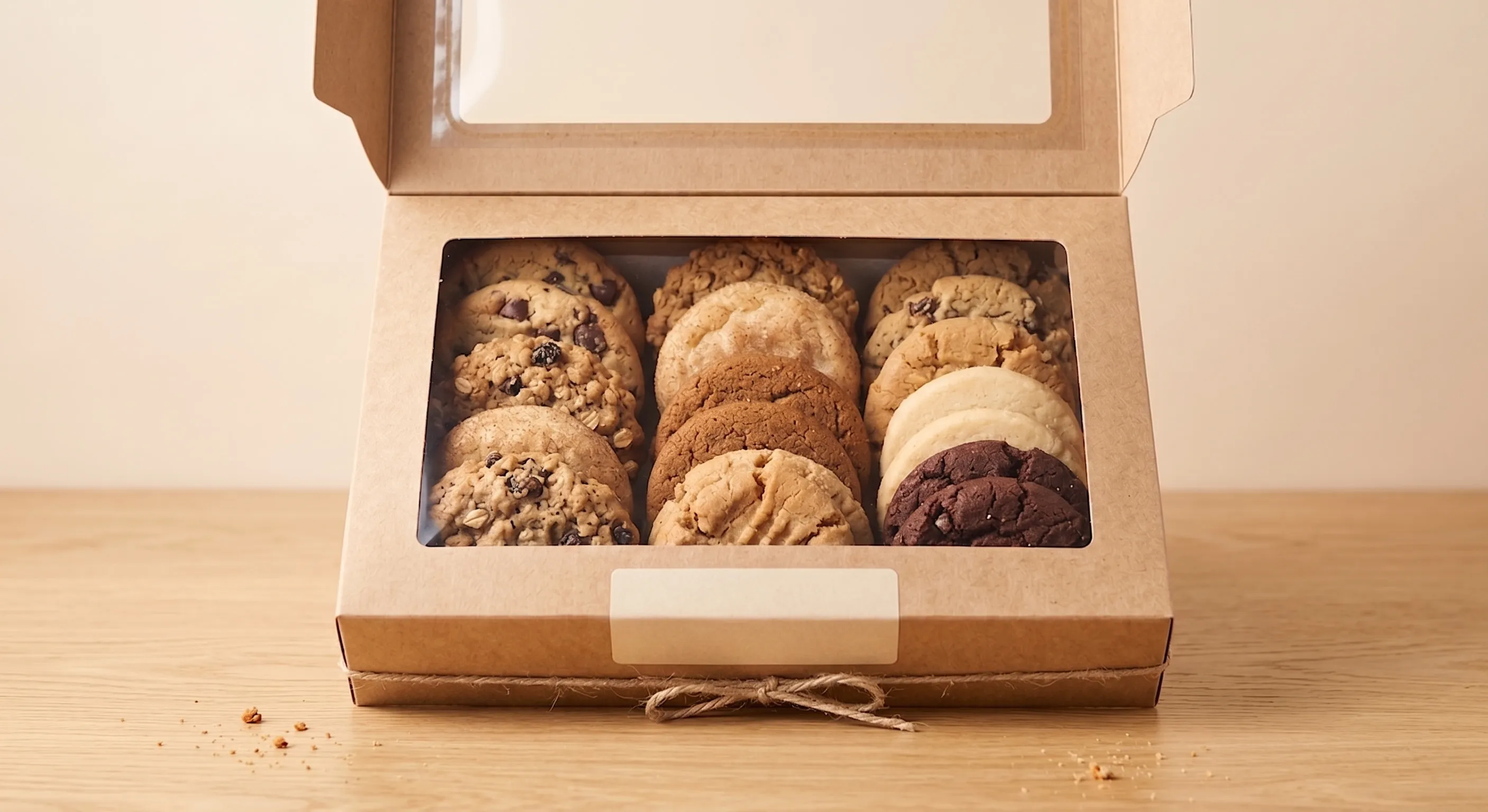 Caja de galletas surtidas de DULUZ con treinta piezas, atada con cordel