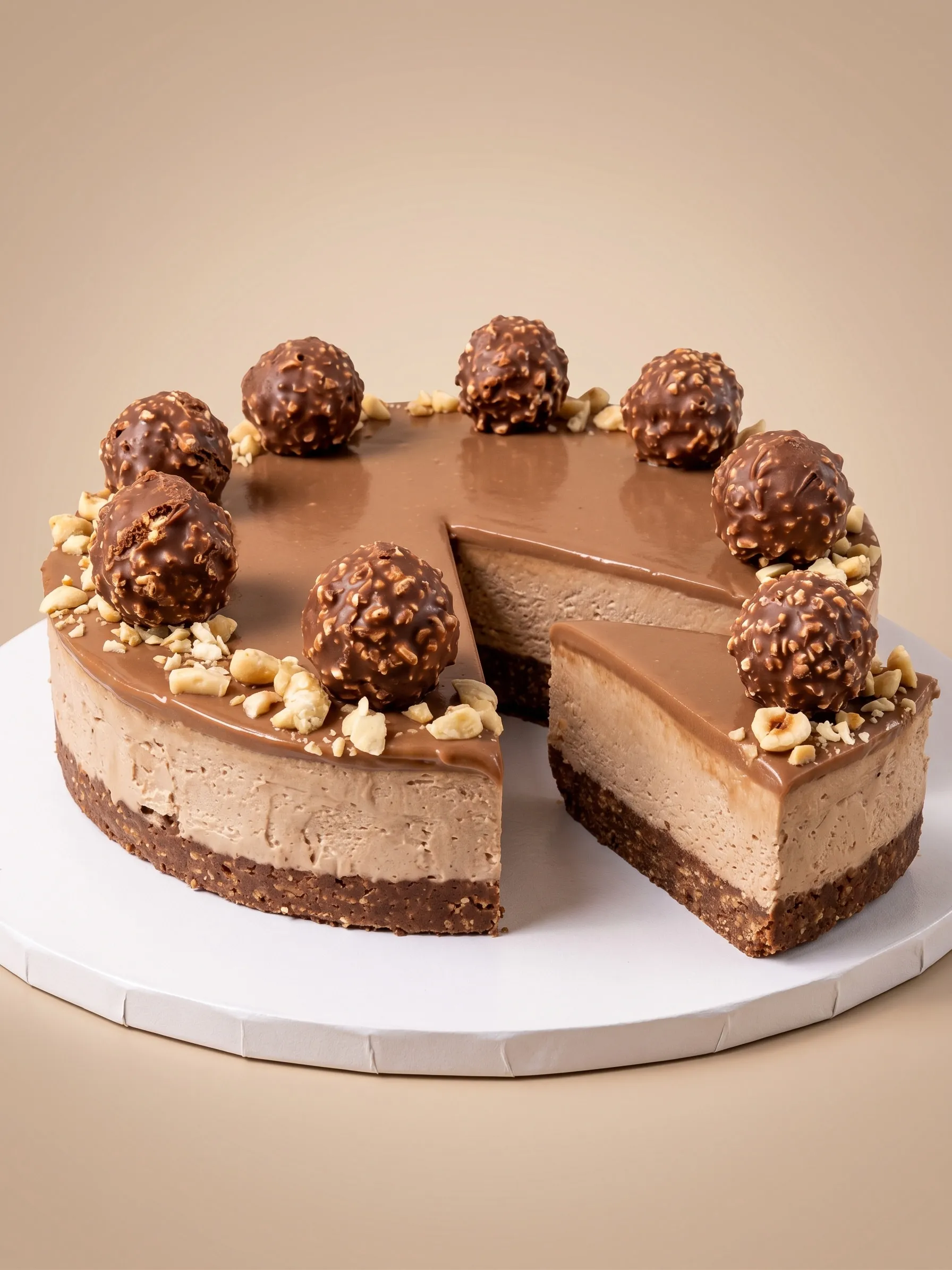 Cheesecake Ferrero de DULUZ con avellana y Ferrero Rocher, con una rebanada cortada a la vista