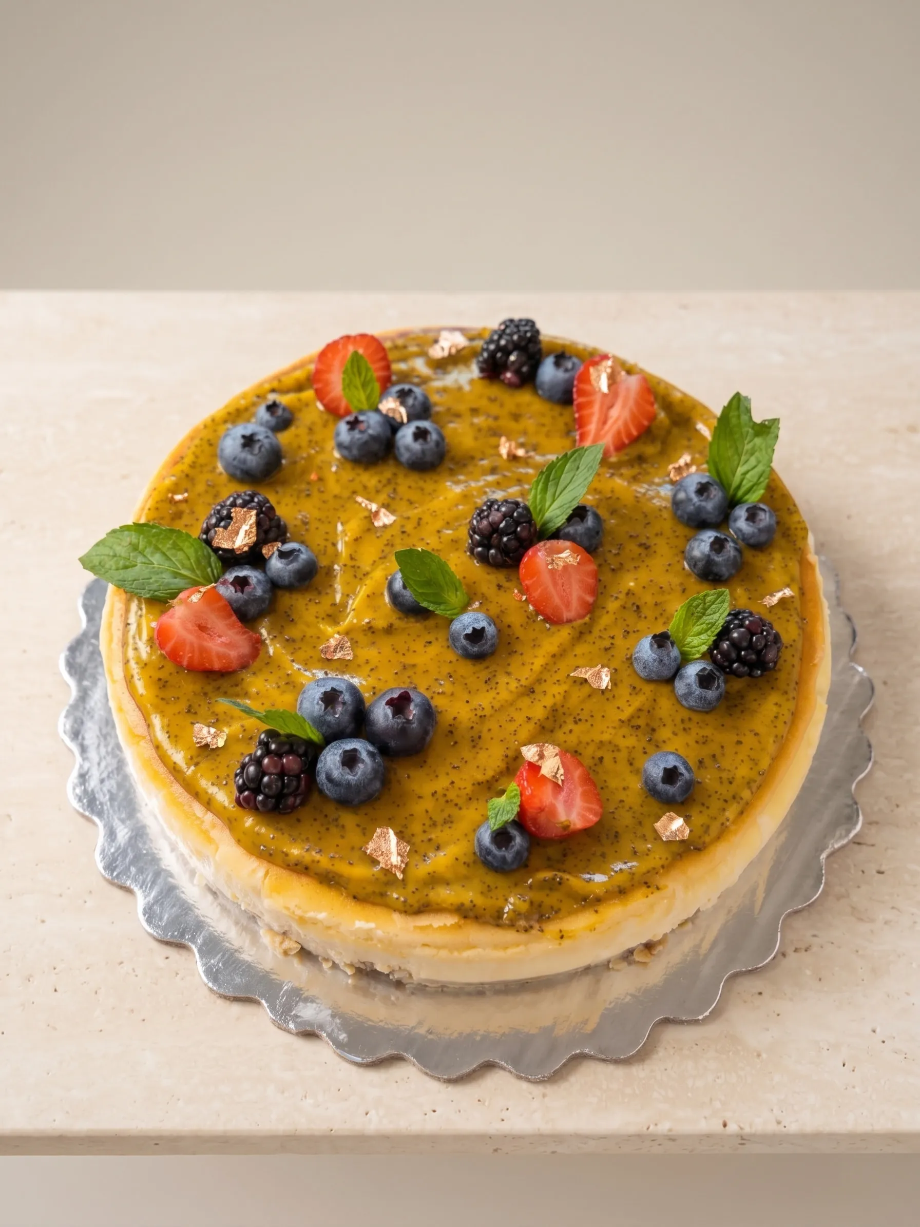 Cheesecake de mango y maracuyá de DULUZ decorado con frutos rojos y menta