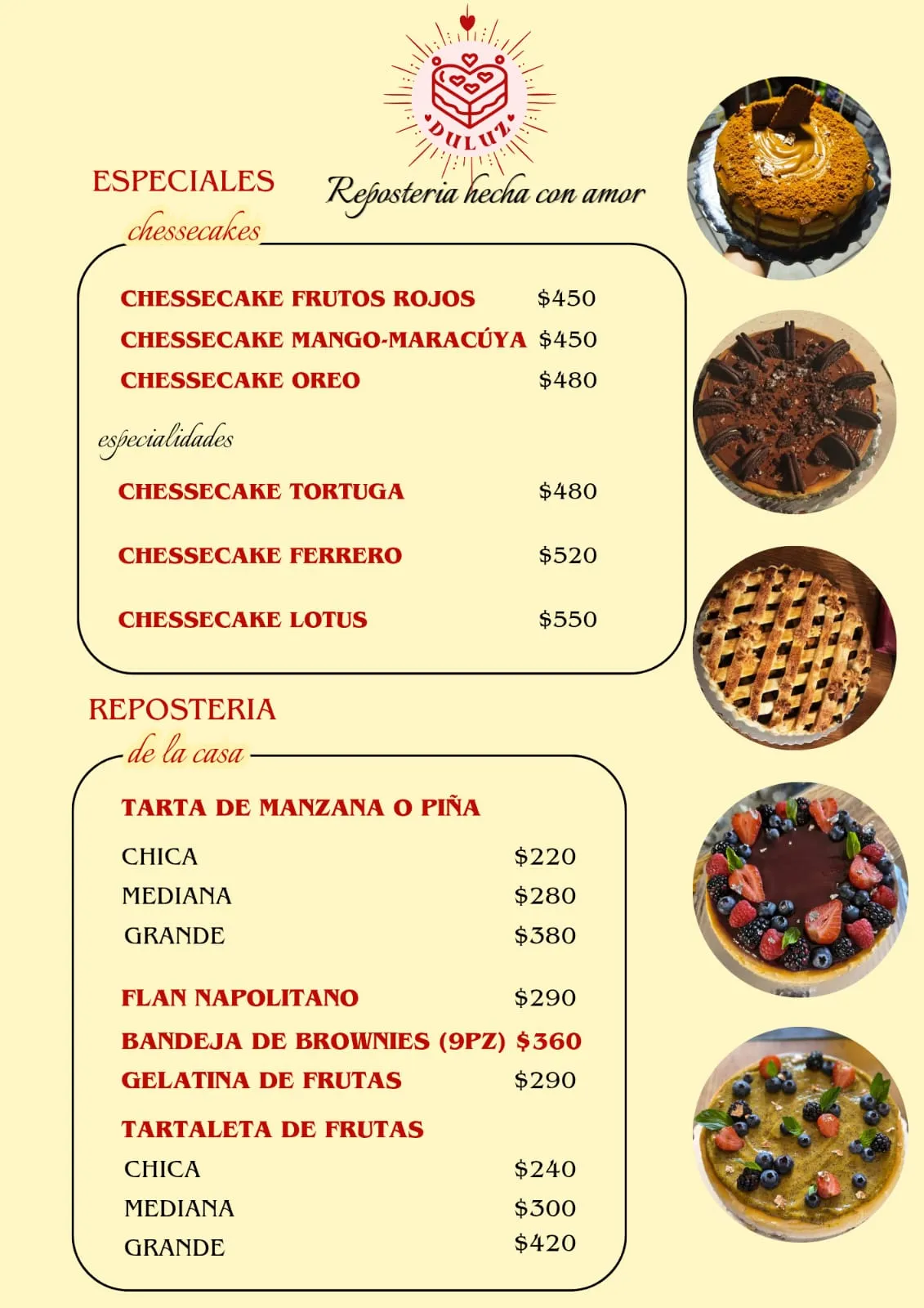 Menú impreso de DULUZ, hoja 1: cheesecakes, tartas y repostería de la casa con precios