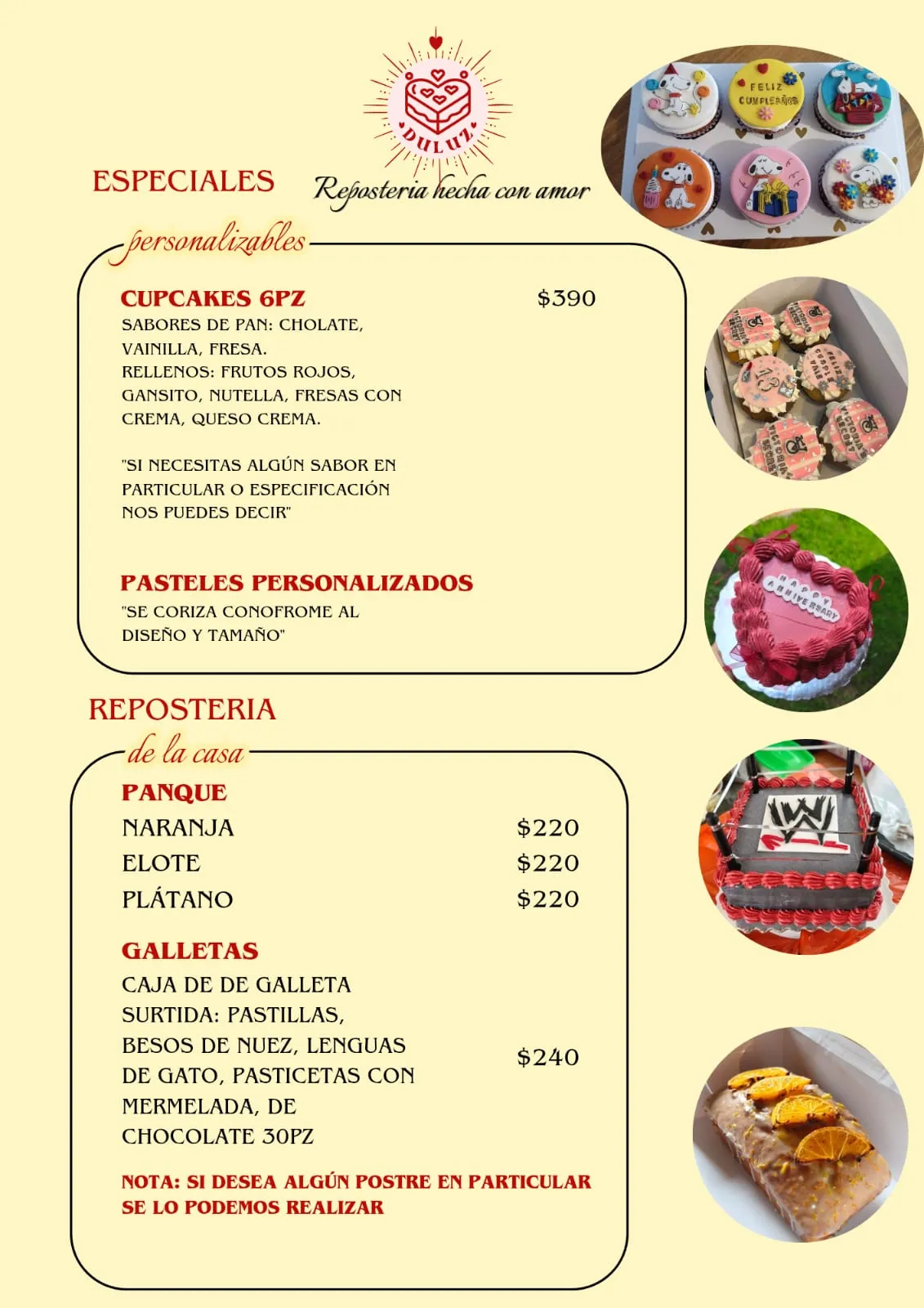 Menú impreso de DULUZ, hoja 2: cupcakes personalizables, panqués y galletas con precios