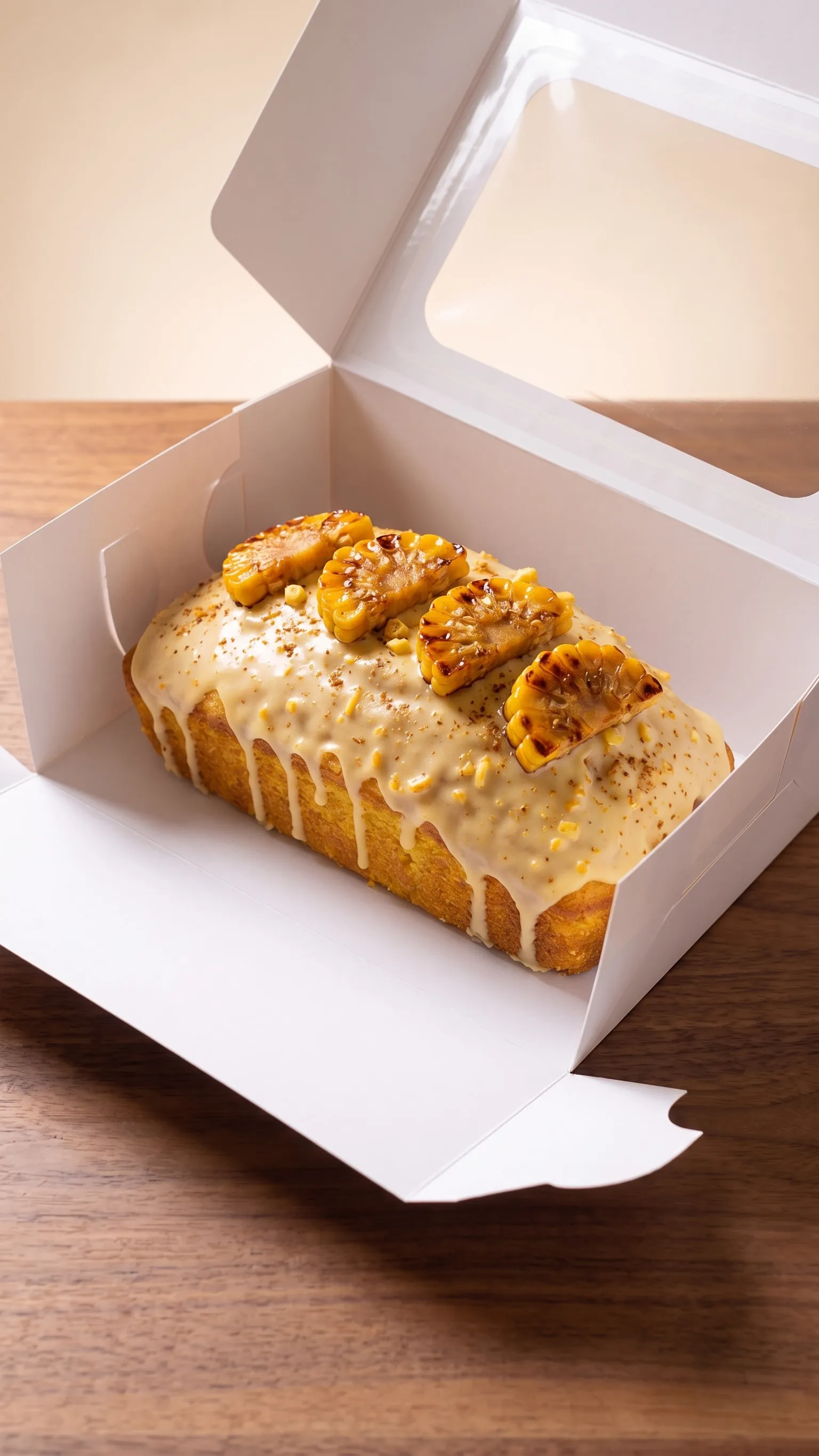 Panqué de elote de DULUZ glaseado, en su caja para llevar