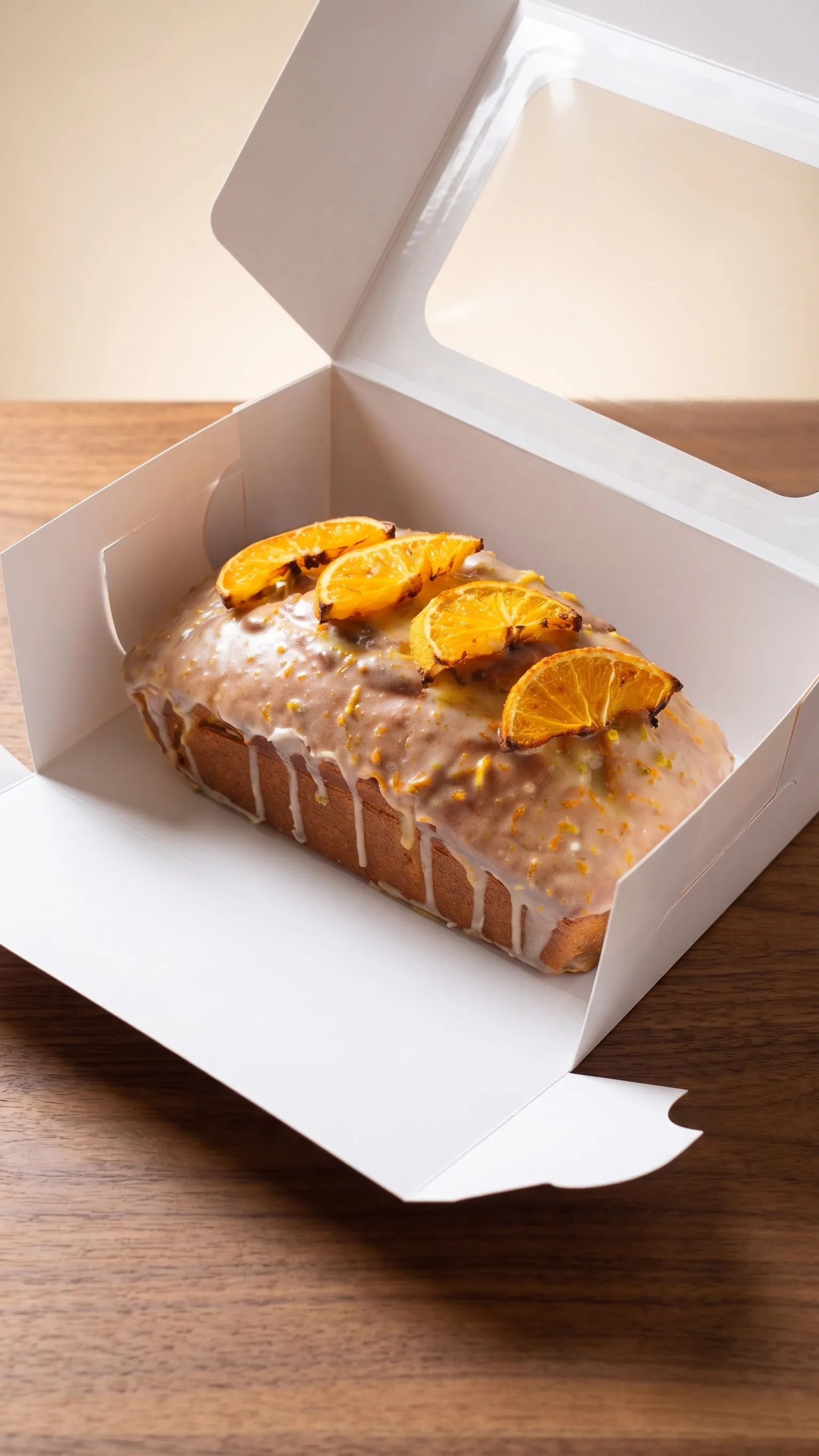 Panqué de naranja de DULUZ glaseado y decorado con rodajas de naranja