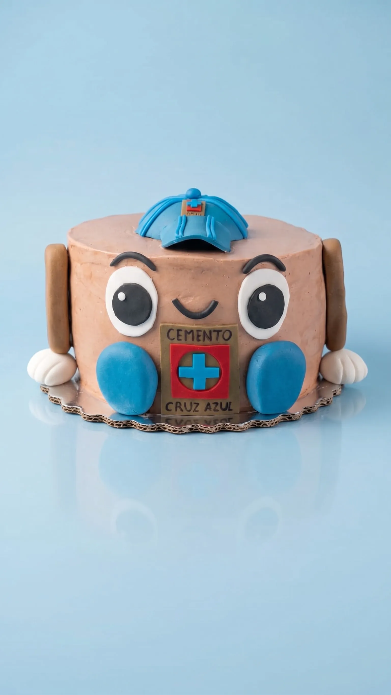 Pastel temático de la mascota Cemento del Cruz Azul modelada en fondant
